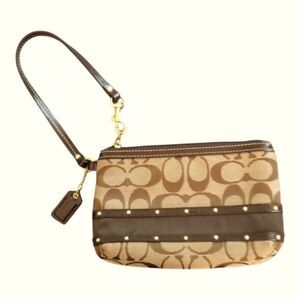 Coach Large Studded Signature Wristlet Signature With Brown Patent Leather Trim